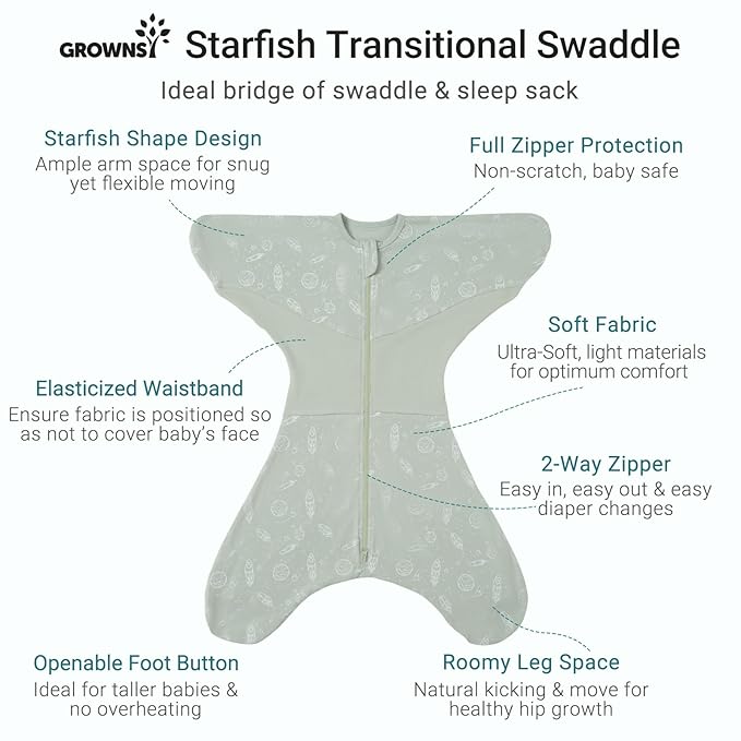 GROWNSY Transitional Swaddle Sleep Sack 3-6 Months, Starfish Design Baby Swaddle Sack, Dual-Zipper for Easy Diaper Changes, Proper Hip Development & Openable Foot Button, 12-20lbs, Green