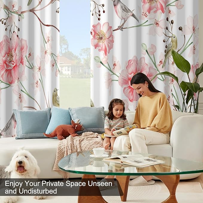 Blackout Curtains for Bedroom 84 Inches Long, Birds and Pink Floral Soundproof Blackout Curtains for Girls Room, Light Filtering Thermal Insulated Black Out Grommet Drapes 84 Inch Length 2 Panels Set