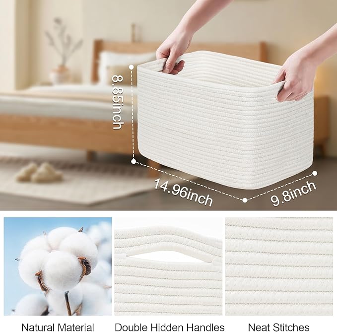 Woven Storage Baskets, White Baskets for Organizing, 3 Pack Woven Basket for Storage, Storage Baskets for Shelf, Towel, Toy, Book, Closet, Baby 15"×10"×9"
