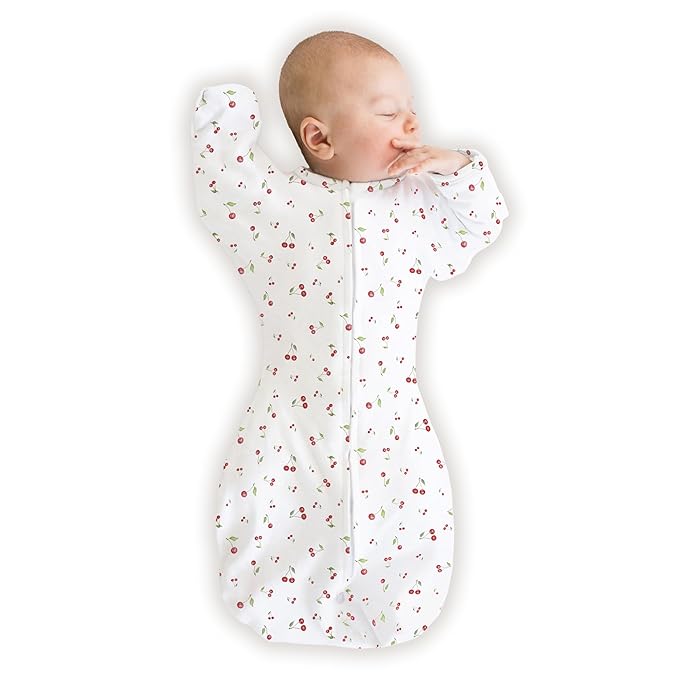 SwaddleDesigns Organic Transitional Swaddle Sack, Arms Up Swaddle with Half-Length Sleeves & Mitten Cuffs, Small, 0-3 Months, 6-14 lbs, Watercolor Little Cherries