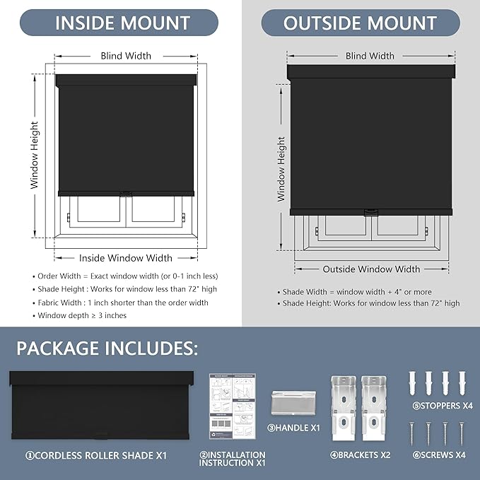 AOSKY Blackout Roller Shades Cordless Blinds for Windows, Free-Stop Shades with Valance, Thermal Insulated Fabric, UV Protection, Natural Woven Blinds for Home and Office (77" W x 72" H, Black)