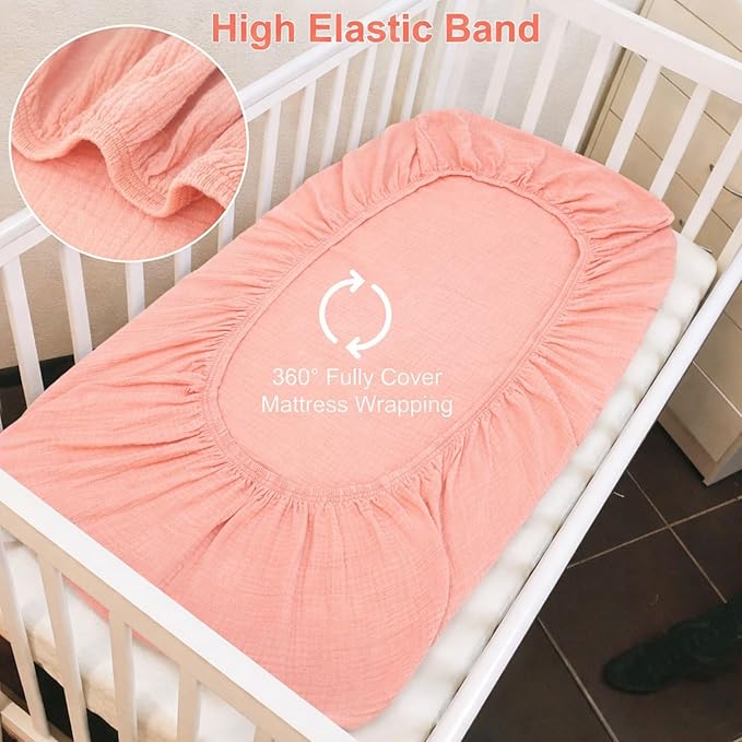 PET REJOIR 2 Pack Blush Muslin Crib Sheets for Boys & Girl- Neutral Breathable Cotton Crib Mattress Sheets Fitted for Standard 28"x 52"- Nursery Décor No Slip Crib Bed Sheets