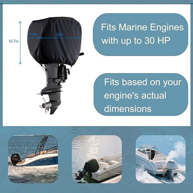 Heavy Duty Outboard Motor Engine Cover for Boat, Up to 30 HP, 22 * 11.8 * 15.7 inches Semi-Cover，Black Waterproof UV Resistant Polyester Windproof Straps, Fits Most Brands