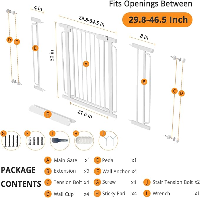 Baby Gate for Stairs 29.8-46.5 Inch Pressure Mounted, Auto Close Child Baby Gates for Doorways No Drill, Walk Through Dog Gate Indoor for The House, White