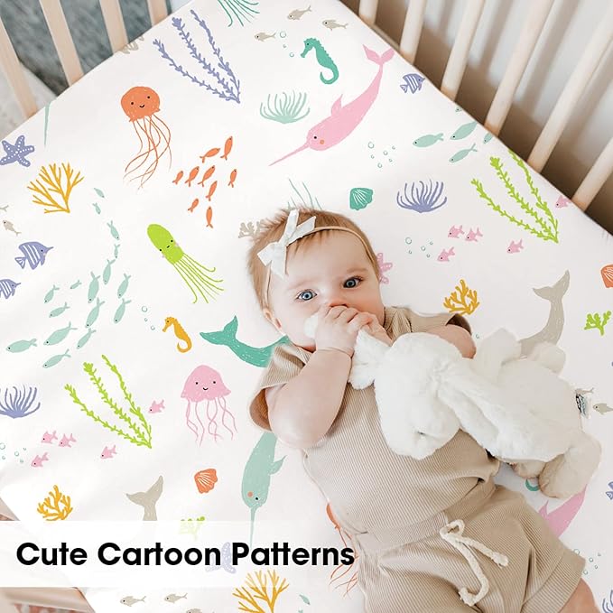 Bimocosy Pack and Play Sheets Fitted 4 Pack, 38 x 26 Inch Pack n Play Mini Crib Sheets for Boys and Girls, Soft Stretchy Playard Mattress Sheets for Graco Pack n Play, Ocean Friends