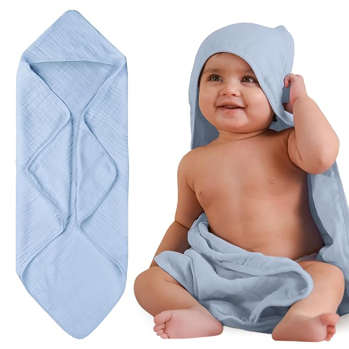 Hands-Free Hooded Towel - 100% Organic Premium Muslin Cotton, 30" x 30", Ultra-Absorbent, Soft, Breathable, Hypoallergenic, Multipurpose, Gifts for Babies & Infants