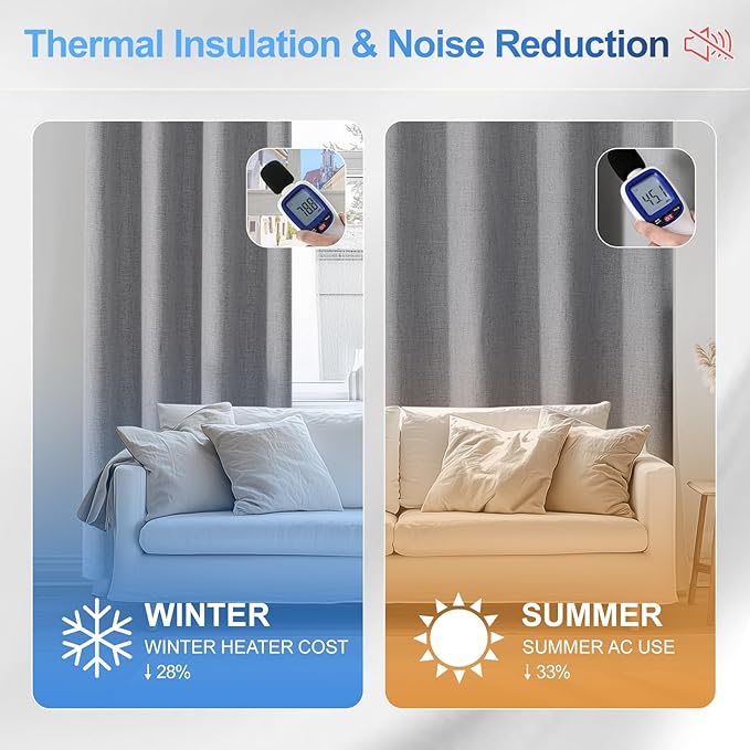 Linen 100% Blackout Curtains for Bedroom, Blackout Curtains 63 Inch Length, Room Darkening Curtains for Living Room, Long Curtain Grommets Drapes, Thermal Curtains(2 Panels, Light Grey)