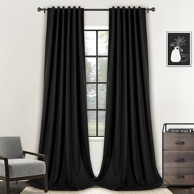 Black 9 FT Long Linen Blackout Curtains with Back Tab and Rod Pocket Thermal Insulated Privacy Drapes for Bedroom Set of 2 Panels 108 Inches Long Ceiling to Floor Length Curtains for Living Room