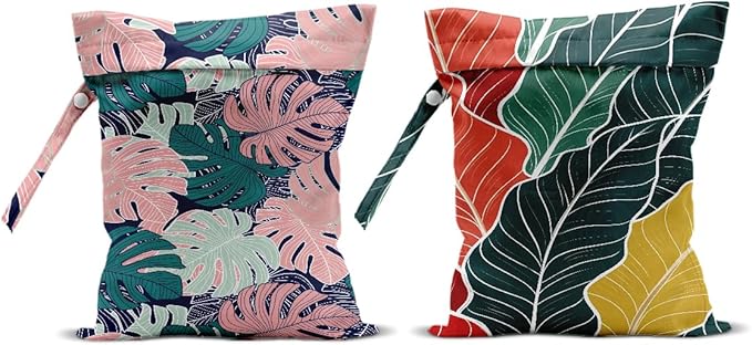 2Pcs Tropical Palm Leaves Print Wet Bags, Wet Dry Bag Reusable Zipper Pouch for Swimsuit, Diapers, Pool, Beach, Dirty Yoga Gym Clothes, Toiletries, Waterproof Birthday Christmas Gifts