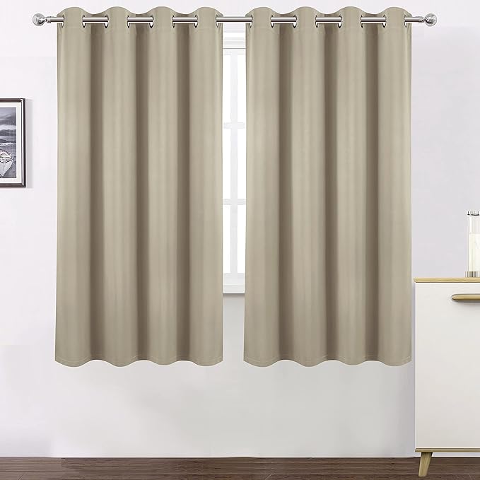LEMOMO 100% Blackout Curtains 52 x 63 Inch/Beige Curtains 2 Panels with Black Lining Room Darkening Thermal Insulated Bedroom Curtains