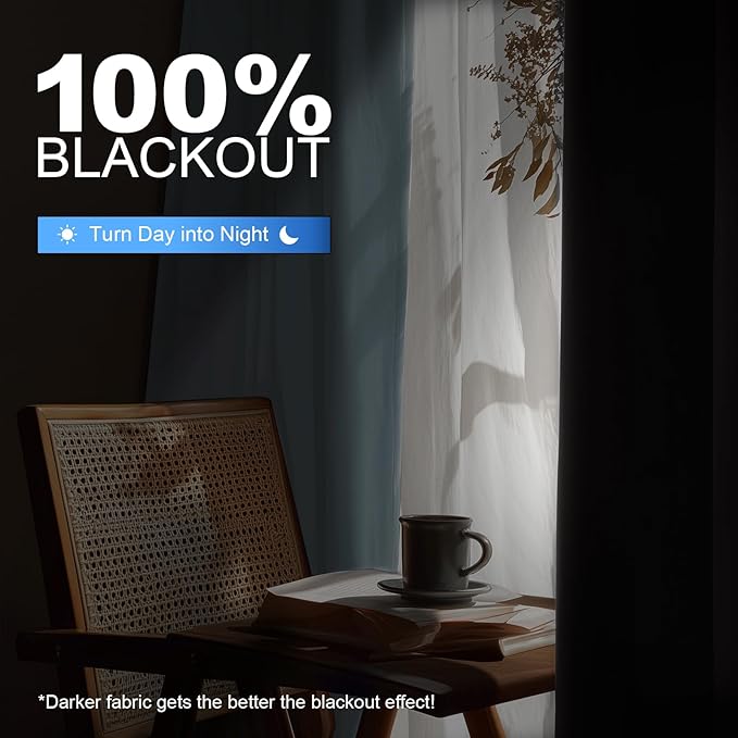 Linen 100% Blackout Curtains for Bedroom, Black Out Curtains 45 Inch Long, Room Darkening Curtains for Living Room, Long Curtain Grommets Drapes, Thermal Curtains(2 Panels, Light Blue)