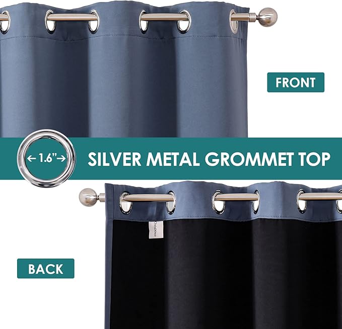 ChrisDowa 100% Blackout Curtains for Bedroom with Black Liner, 2 Thick Layers Total Blackout Thermal Insulated Grommet Window Curtains 2 Panels Set (Stone Blue, 52 x 72 Inch)