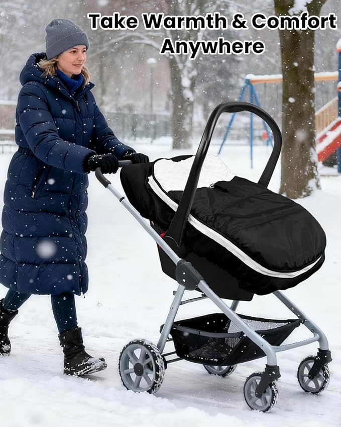 TinyPalsa Winter Baby Carseat Cover, Warm Cozy Infant Car Seat Covers with Plush Lining for Cold Weather, Waterproof Carseat Canopy with Adjustable Collar, Universal Fit for Boys & Girls (Black)