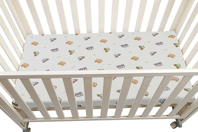 Onacosht Muslin Mini Crib Sheets, 39" x 27" Pack and Play Mattress Sheets Fitted for Pack N Play, Soft Cotton for Boys Girls, 2 Pack, Car and Solid Blue