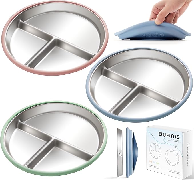 Bufims Stainless Steel Baby Plates with Suction, Divided Metal Toddler Plates with Removable Silicone Sleeves, Non-Slip Kids plates, BPA Free, Non-Toxic, Dishwasher Safe, 3 Pack