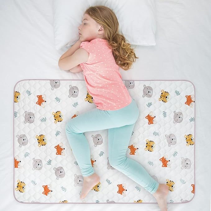 WOVENX Organic Incontinence Pads for Kids & Toddlers - 5 Layer Waterproof Protectors for Overnight Bed Wetting - Reusable & Washable Pee Pads - Fits Twin to Full Size Beds - 34" x 52" Tiger Bear Fox