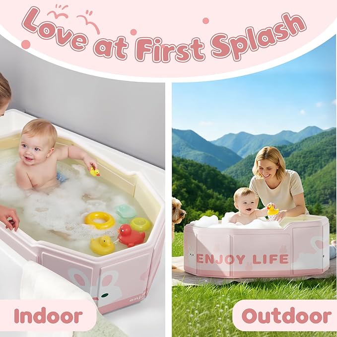 Collapsible Baby Bathtub for Shower, Portable Foldable Toddler Bath Tub with Non-Slip Base, Compact Travel Essentials for Kids & Infants, Easy Storage in Small Spaces, Pink