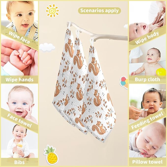 vvfelixl Baby Muslin Washcloths Cute Squirrel with Tail Baby Burp Cloths Cotton Babys Face Towel for Newborn Infants Boys Girls Soft and Absorbent 11.8 X 11.8 in, 3 Pack
