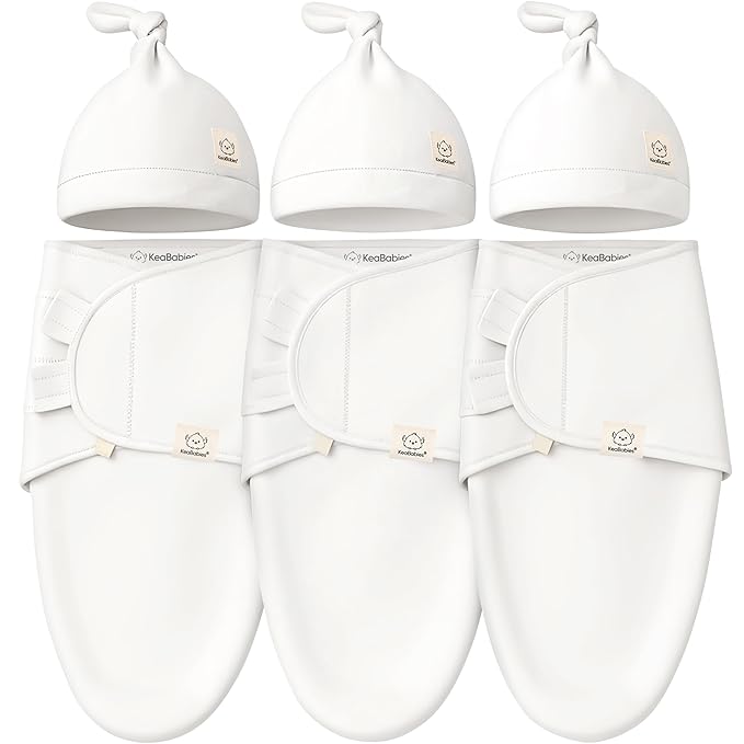 KeaBabies 3-Pack Swaddles for Newborns, Girls, Boys with Hats - Organic Soft Baby Sleep Sacks, Breathable Baby Swaddle 3-6 Months Beanies Set, Premie Infant Sleep Sack 0-3 Months (Soft White)