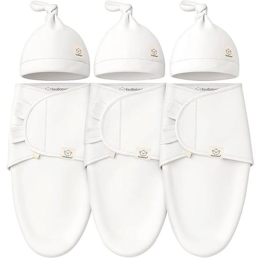 KeaBabies 3-Pack Swaddles for Newborns, Girls, Boys with Hats - Organic Soft Baby Sleep Sacks, Breathable Baby Swaddle 3-6 Months Beanies Set, Premie Infant Sleep Sack 0-3 Months (Soft White)