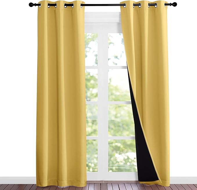 NICETOWN Bright Yellow Full Shade Curtain Panels, 37" Wide x 80" Long, Pair of Thermal Insulated & Energy Efficiency Blackout Curtains for Living Room Windows, Lined Silky Performance Window Dressing