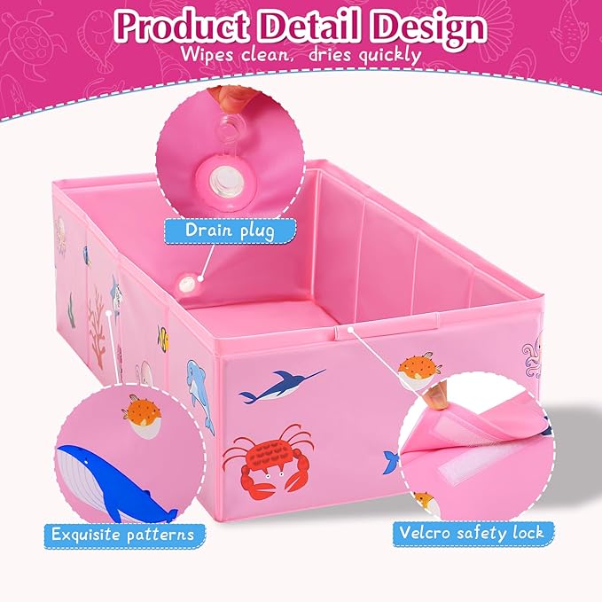 Portable Foldable Baby Bathtub with Drain Plug, 30" L x 15.2" W x 8.6" H Kids Travel Tub, Converts Shower to Tub, No Assembly Folds Flat for Storage, for Infant Toddler 6M-5 Years, Pink