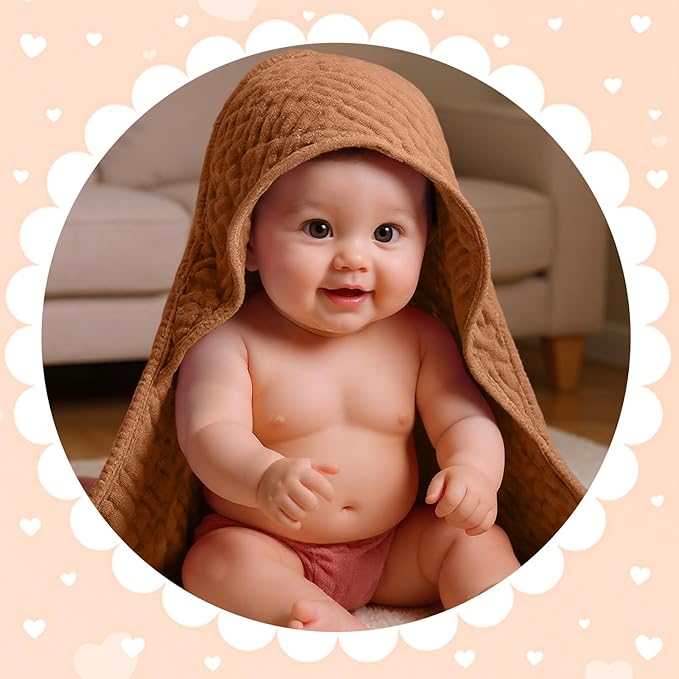 Peryiter 4 Pcs Muslin Hooded Baby Towels 32x32inch Cotton Newborn Bath Essentials Muslin Infant Blankets Absorbent Registry Baby Shower Present for Babies Girl Boy Kids (Green,Gray,Rust,Blue)