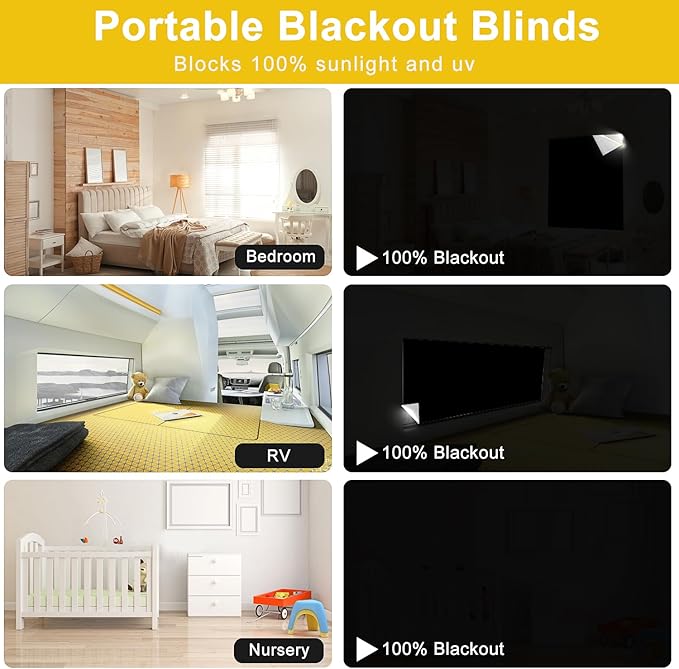 100% Blackout Window Cover Curtains for Bedroom 57x40Inch,No Drill,DIY Cut Portable Removable Black out Shades Blinds Cover for Baby Nursery,RV,Media Room,Hook&Loop Tape Straps Stickers,Magnetic Clips