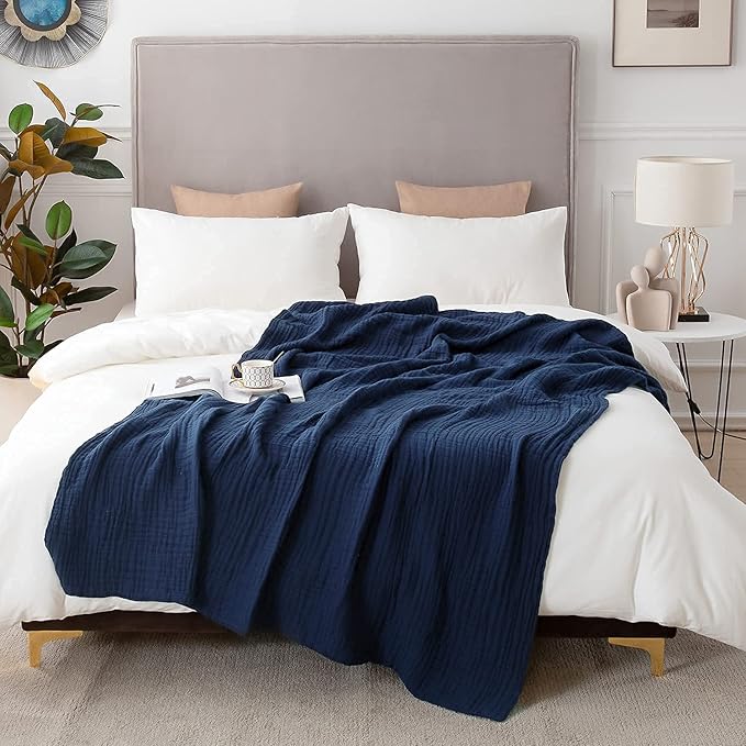 EMME Muslin Blanket 100% Cotton Twin Blankets for Couch Breathable Gauze Blanket All Season Soft and Lightweight Pre-Washed (Navy, 60"x80")