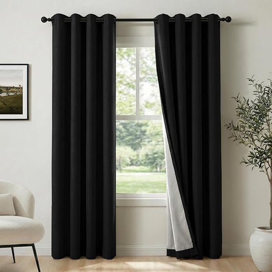 100% Blackout Shield Linen Blackout Curtains for Bedroom, Black Grommet Curtains for Living Room, Thermal Insulated Room Darkening Drapes for Nursery, Boho Home Decor, 50" W x 90" L, 2 Panels