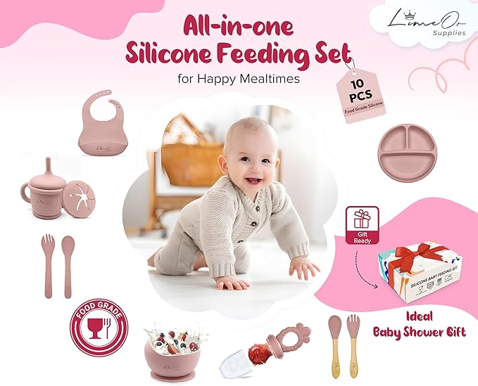 Silicone Baby Feeding Set, 10 Pcs Baby Led Weaning Supplies | BPA-Free Baby Dishes with Toddler Plates and Bowls Set, Silicone Bib, Suction Cup, Baby Spoons & Forks | Empower Independence – Pink