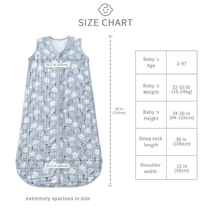 TADO MUSLIN Baby Sleep Sack 2-4 T Baby Wearable Blanket 100% Organic Cotton 0.5 TOG Toddler Sleep Sacks 2- Way Zipper Soft 4 Layers Muslin 2T 3T 4T Sheep Grey