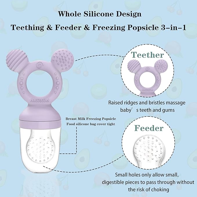 Baby Fruit Feeder, Frozen Teething Toys for Babies, Teether Pacifier with 3 Extra Teats, Eating Essentials, BPA Free Baby Feeding Supplies (Lavender)