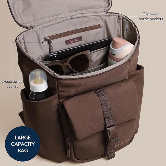 Itzy Ritzy Belong Bucket Backpack – Lightweight Diaper Bag Backpack Featuring 16 Pockets, Bucket Top Opening, Stroller Straps & Changing Pad; Organized and Stylish Everyday Family Backpack (Mocha)