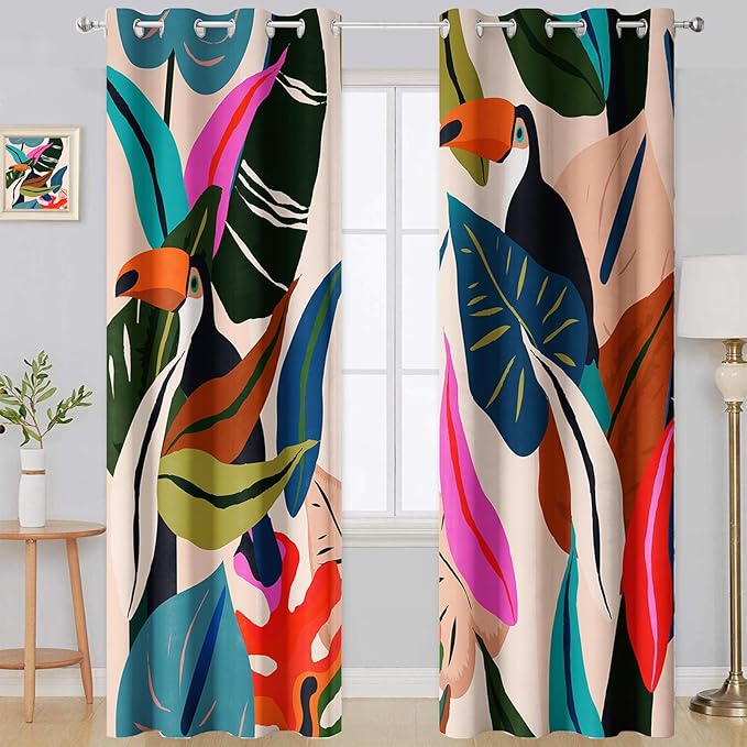 Colorful Tropical Blackout Curtains, Abstract Palm Leaf Boho Jungle Toucan Birds Window Drapes, Darkening Grommets for Living Room Bedroom Decor 2 Panels 52"X84" Inches