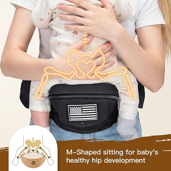 Dinictis Baby Hip Carrier, Ergonomic Waist Carrier with Hip Seat for Newborn to Toddler (Up to 45 lbs), Adjustable Wide Waistband, Molle Webbing & Multiple Pockets, Black