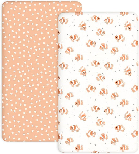 Pack and Play Sheets 2 Pack, Fitted Jersey Knit Mini Crib Sheets for Baby Boys and Girls, Compatible with Graco Pack N Play and Mini Crib Mattress (Nemo Dots, Pack N Play/Mini Crib Sheets)