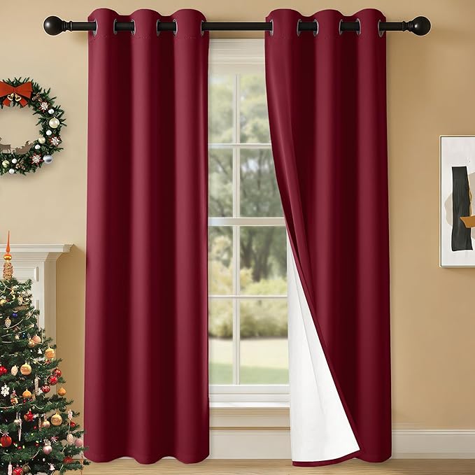 100% Blackout Curtains 72 Inch Length for Bedroom Living Room, Grommet Thermal Insulated Room Darkening Drapes, Light Blocking Window Treatment Decor, 2 Panels, 37x72, Burgundy Red