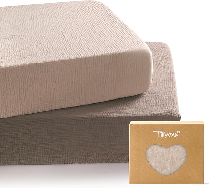 TILLYOU 2 Pack Muslin Crib Sheets for Boys and Girls, 100% Cotton Fitted Crib Sheet for Toddler 52x28 Standard Crib Mattress, Grey Brown and Light Brown
