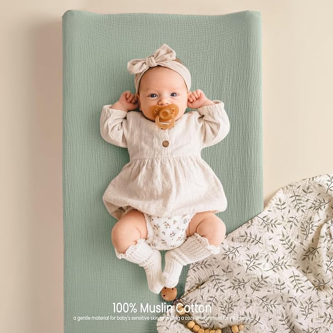 lulumoon Muslin Changing Pad Cover: 2-Pack Soft Breathable Cotton Boho Leaf Print for Baby Girls Boys- Nursery & Baby Shower