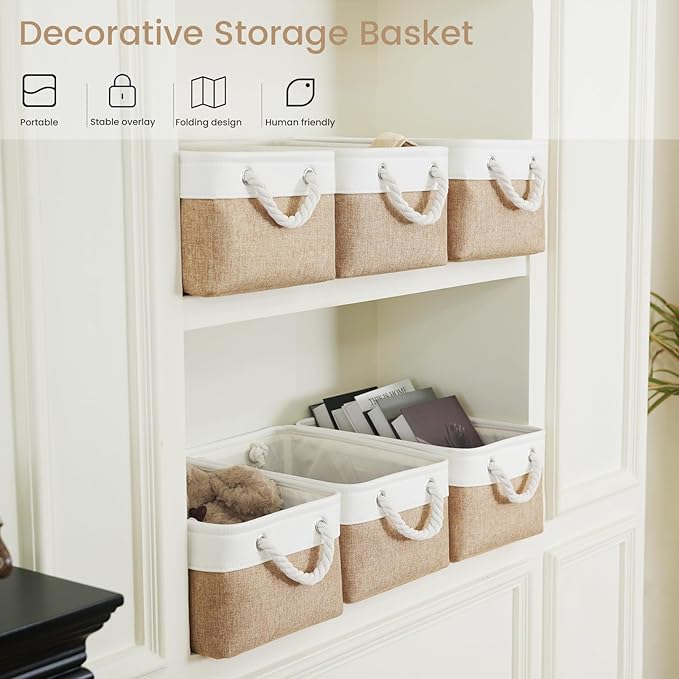 Storage Baskets for Shelves 13.8x9.8x6.7 Inch, Foldable Fabric Storage Bins with Handles, Small Storage Baskets for Organizing Closet, Office, Home Organization (3-Pack, White&Khaki)