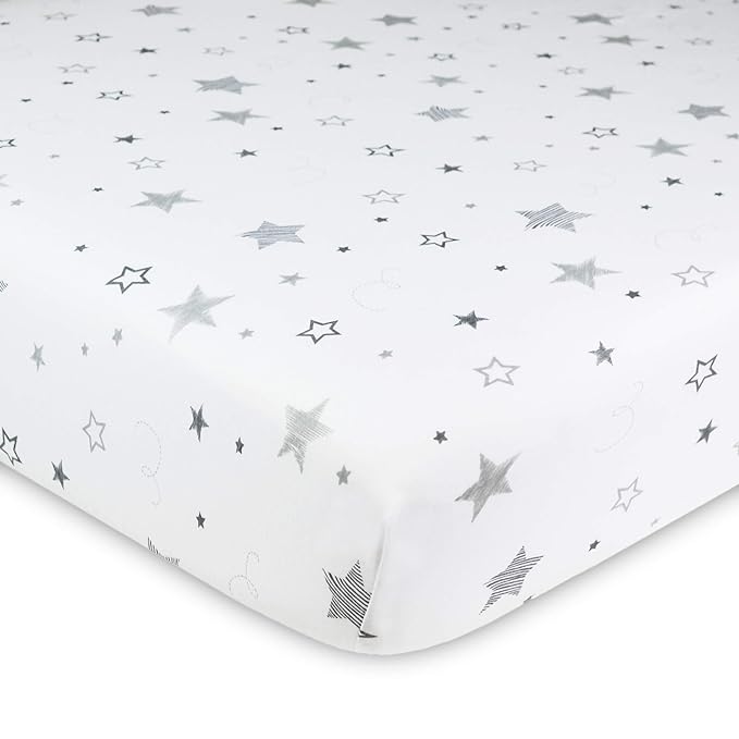 American Baby Company 2 Pack 100% Natural Cotton Fitted Crib Sheets 52" x 28" - Soft, Breathable, Hypoallergenic & Gentle Toddler Bed Sheets, Super Stars and Gray, Neutral for Boys & Girls