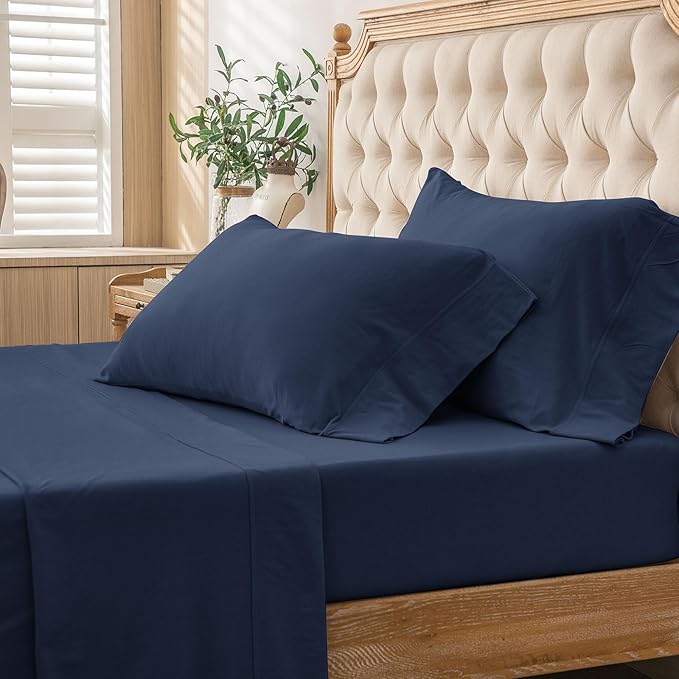 PURE ERA Jersey Knit 4pc Bed Sheet Set 100% T-Shirt Cotton Super Soft Comfy Breathable Fits Mattress Up to 20" Extra Deep Pocket (Solid Navy Blue, Queen)