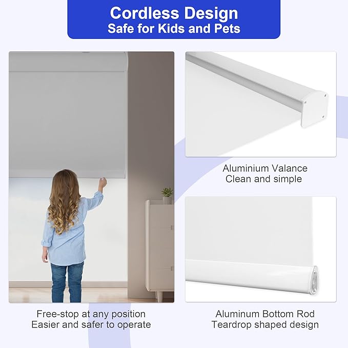 Allesin 100% Blackout Cordless Roller Shades for Windows, Free-Stop Shades, Thermal Insulated, UV Protection, Waterproof Fabric, Easy to Install for Home, Office, Bathroom (White 30 x 72)