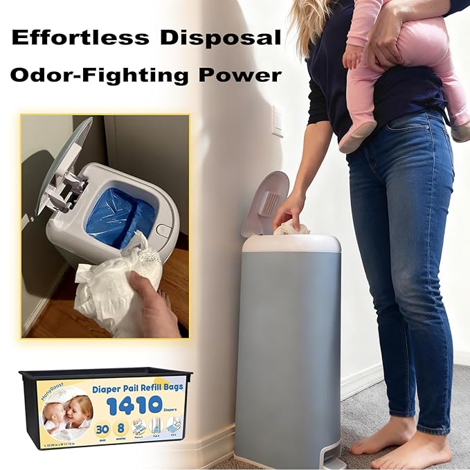 Diaper Pail Refills Bags Compatible with Genie Easy Roll Signature & Platinum Diaper Pails | Holds Up to 1410 Newborn Diapers Per Refill | 7 Layer Odor Barrier Technology, 2Pack(60 Bags)