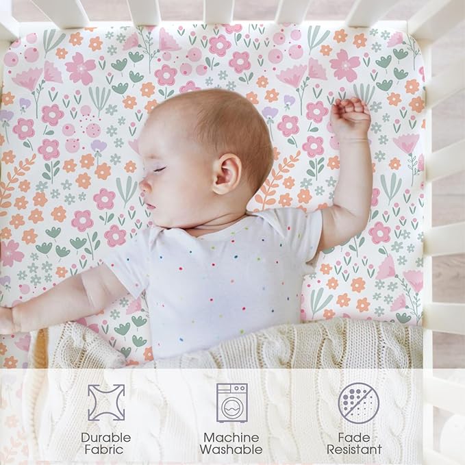 Little Grape Land Crib Sheets 4 Pack, Microfiber Fitted Crib Sheet for Standard Crib Mattress 52"x28"x8", Soft and Neutral Baby Crib Sheets for Boys and Girls, Breathable & Easy Care, Pastel Meadow