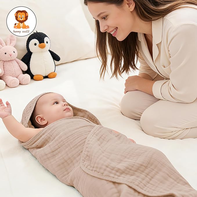 Sunny zzzZZ Muslin Hooded Baby Bath Towels - 3 Pack 100% Cotton Soft Low-Saturation Pastel Towels Including Classic White for Newborns, Infants, Toddlers - 32x32 Inch - Ivory, Brown and White