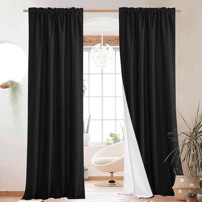 NICETOWN Vintage Rod Pocket Flax Thermal Curtains, 100% Blackout Curtains 84" Long for Dining Room, Soundproof Window Treatment Drapes for Hall Room, Black, 52" Wide Per Panel, Set of 2