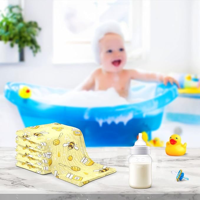 Baby Washcloths Cotton Flying Bees Honey Baby Muslin Washcloths Soft Baby Face Towel for Newborn Infants Baby Wipes, 11.8 X 11.8 Inch, 5 Pack Yellow
