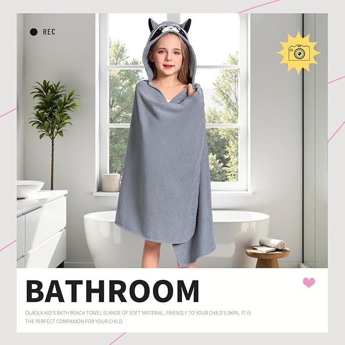 OLAOLA Raccoon Hooded Towel for Kids 3-12 Years, 28" x 53" Soft Thick Absorbent Beach Towels, Toddler Bath Towel Wrap, Swim Pool Towels Poncho for Boys Girls